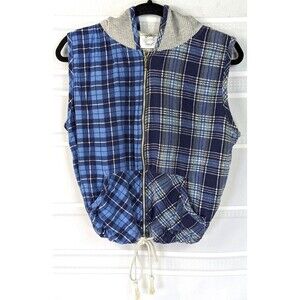 Sleeveless Flannel Jacket S Mixed Plaid Full Zip Hooded Pockets Grunge Punk Y2K